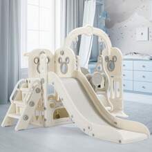 MAMIZO Kids Slide And Swing Set, Large Toddler Slide Climber Playset With Ball & Basketball Hoop, Storage Space, Anti-Slip Steps, Indoor Outdoor Playground Toy For Boys & Girls - Beige - View 3