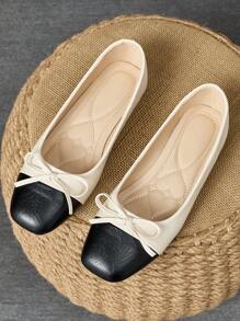 Chaussures plates avec nœud et bout carré pour femmes, couleurs : abricot, noir, blanc, kaki. Convient pour un usage en extérieur, haut de gamme, décontracté, polyvalent