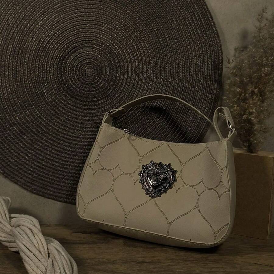 Women's Moon Heart Bag, Small And Shoulder Bag, Bag For Trips, Super Light, Great For Carrying Essentials, Holds Cell Phone, Watch, Jewelry, Makeup, Keys, Perfect Combination With Your Look, PU Synthetic Finish, Heart And Heart Metal Prints, Zipper Closure, Solid Color, Resistant Bag. Gaby Show - Màu be - Xem 1