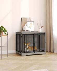 HEXCELEN Jaula para perros, 81 cm, puertas corredizas, 2 puertas, moderna jaula de madera para perros pequeños y medianos, 55 x 81 x 67,5 cm, color blanco - Gris - Ver 2