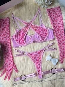 Plus Size Women Sexy Heart & Leopard Print Lingerie Set With Garter - Hồng - Xem 2