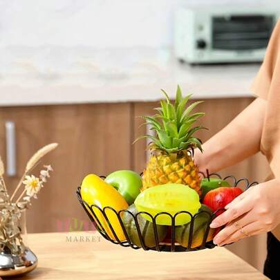 1 canasta de frutas grande de línea negra, canasta de frutas de metal, canasta de frutas y verduras, canasta de metal con estante de madera, canasta de frutas, canasta de refrigerios, diseño de alambre de metal, impermeable, antiincrustante, resistente y duradero, simple y hermoso, adecuado para cocina, comedor, dormitorio, sala de estar