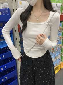 Women Square Neck Pullover T-Shirt, Wrinkle Design Fitted Short Crop Top