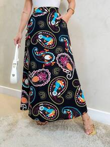 Long Printed Skirt With Bag, New, Elastic - 黑色 - 查看 2