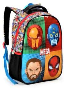 Mochila Escolar Infantil Mega Heroes material escolar material escola papelaria - Preto, Azul e Vermelho - Visão 1