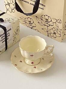 1 套复古欧式奢华金边花卉咖啡杯碟，居家/办公室下午茶/早餐杯碟套装