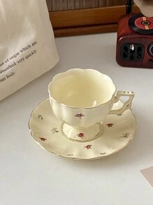 1 套复古欧式奢华金边花卉咖啡杯碟，居家/办公室下午茶/早餐杯碟套装