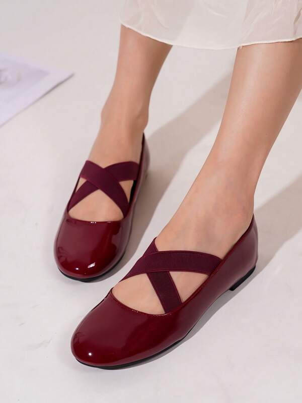 Zapatos de bailarina planos con diseño de correa cruzada y punta redonda, color vino tinto, nuevos para primavera/otoño 2024. Zapatos de mujer elegantes y versátiles de moda.