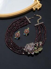 Women's Fashion Jewelry Set, Necklace & Earrings, Rose Flower Copper Alloy Handmade Multi-Layer Beaded Pendant With Purple Glass, Vintage European And American Exaggerated Style Valentines,Mom,Mother,Mother's Day,Gift - Mauve Purple - View 4