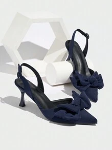 1 双女士尖头蝴蝶结点缀缎面高跟穆勒鞋、拖鞋，适合派对，夏季/秋季，蓝色 - 藍色 - 查看 10