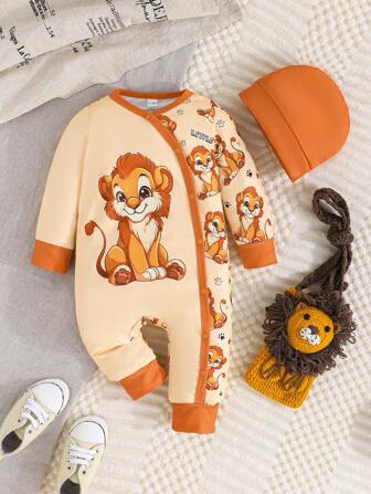 Baby Boy Long Sleeve Jumpsuit Cute Lion Print Jumpsuit Easy To Wear With Hat