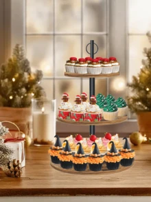 简易铁艺三层圆形纸杯蛋糕塔架适合放置45个纸杯蛋糕，铁艺蛋糕架带分层托盘装饰，分层托盘装饰架，纸杯蛋糕架展示架面包店、咖啡厅、婚礼、生日派对、生日毕业洗礼茶会展示架 - 圓形蛋糕架(兩個裝) - 查看 6