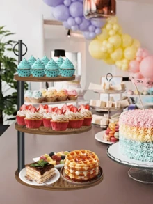 简易铁艺三层圆形纸杯蛋糕塔架适合放置45个纸杯蛋糕，铁艺蛋糕架带分层托盘装饰，分层托盘装饰架，纸杯蛋糕架展示架面包店、咖啡厅、婚礼、生日派对、生日毕业洗礼茶会展示架 - 圓形蛋糕架(兩個裝) - 查看 8