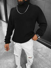 男士时尚休闲百搭宽松黑色高领毛衣 - 黑色 - 查看 4