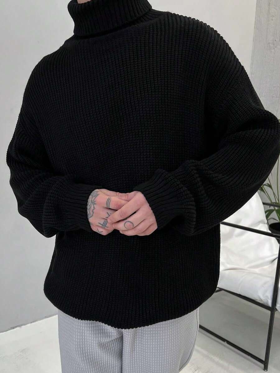 男士时尚休闲百搭宽松黑色高领毛衣 - 黑色 - 查看 1