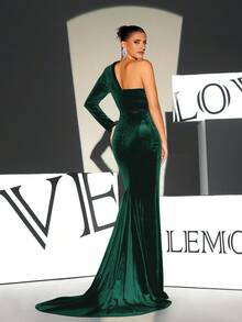 绿色单袖天鹅绒及地晚礼服、宴会礼服、婚礼宾客礼服、正式礼服 - 綠色 - 查看 6