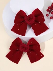 2 stuks rode strik haarspeldjes voor meisjes, stoffen bloemen en strass decoratie haarstrikken voor kinderen, elegante haaraccessoires voor peuters dagelijks leven