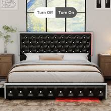 SIBEDS Queen Size Upholstered RGB LED Bed Frame With 2 Storage Drawers & Side Pockets, King Size Platform Bed With Crystal Button Tufted Headboard & Solid Slats, Noise-Free, No Box Spring Needed, Easy Assembly, PU Leather & Soft Velvet - 聚氨酯黑色 - 查看 6