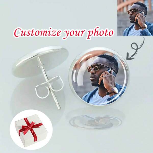 1 Pair Unique Personalized Photo Stud Earrings - Custom Image Glass Dome Luminous Earrings With Non-Plated Fashion Alloy Ear Studs And Zinc Needle, Ideal Custom Jewelry Gift For Men And Women With Special Memories