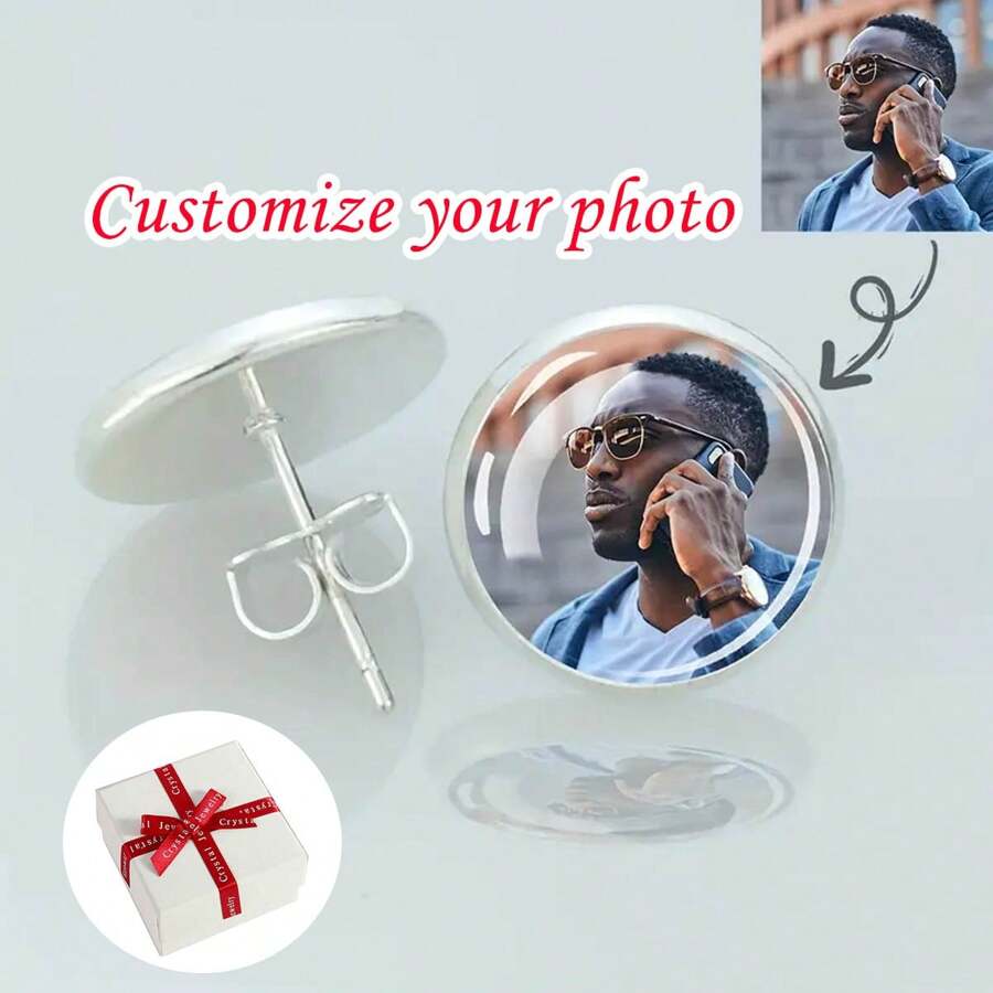 1 Coppia di orecchini a perno personalizzati unici con foto - orecchini a cupola di vetro con immagine personalizzata, luminosi, con perni in lega di moda non placcata e aghi in zinco, regalo di gioielleria personalizzata ideale per uomini e donne con ricordi speciali