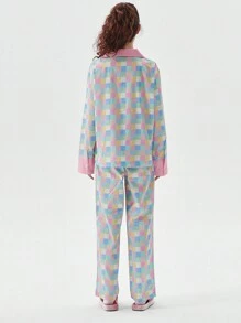 Women 2 Piece Set Colorful Plaid Print Long Sleeves Shirt And Elastic Pants For