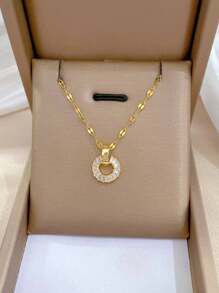 1Set Stainless Steel Chain Necklace & Earrings, Luxury Rhinestone Linked Design Personalized Banquet Jewelry Set, No Gift Box - Gold - View 5