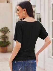 OUTBALL Women's Solid Short Sleeve Boat Neck Dolman Top With Side Shirring Casual Loose Fit T-Shirt - 黑色 - 查看 2