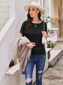 OUTBALL Women's Solid Short Sleeve Boat Neck Dolman Top With Side Shirring Casual Loose Fit T-Shirt - 黑色 - 查看 6