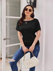 OUTBALL Women's Solid Short Sleeve Boat Neck Dolman Top With Side Shirring Casual Loose Fit T-Shirt - 黑色 - 查看 5