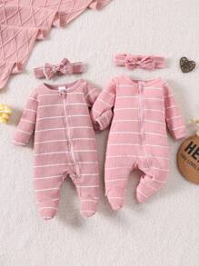 2 件装女婴条纹长袖连体衣套装，时尚春秋 - 粉色 - 查看 1
