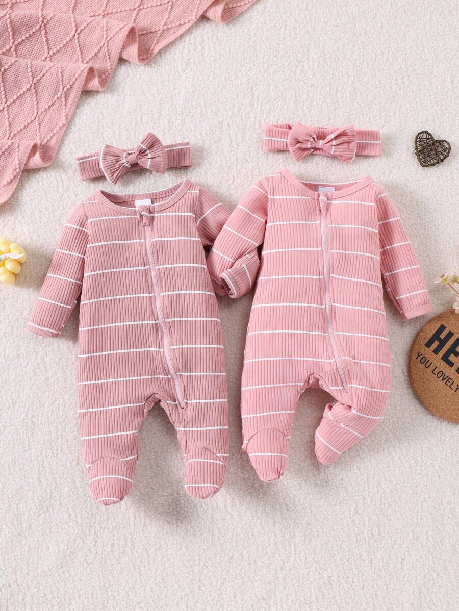 2 件装女婴条纹长袖连体衣套装，时尚春秋 - 粉色 - 查看 1