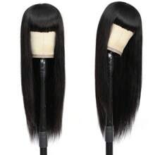 PAZAT Straight Wigs With Bangs Human Hair Wigs For Women None Lace Front Wigs 150% Density Brazilian Virgin Hair Glueless Machine Made Wig Natural Color Short Bob Wigs(6inch)