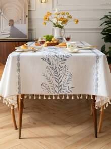 1 Stück wasserfeste rechteckige Tischdecke mit delikater 3D-Stickerei und Quastenverzierung, geeignet für Wohnzimmer, Esszimmer, Restaurant, Hotel