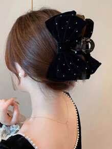 1 kẹp tóc nơ hai lớp bằng nhung đính đá pha lê màu trơn cho nữ, thời trang ngọt ngào thanh lịch cho trường học, tiệc tùng, khiêu vũ, mặc hàng ngày - màu đen - Xem 4
