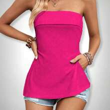 Strapless Blouse With Side Slit Summer Fashion Top - 玫紅色 - 查看 1