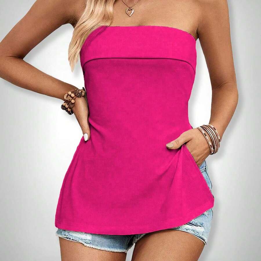 Strapless Blouse With Side Slit Summer Fashion Top - 玫紅色 - 查看 1