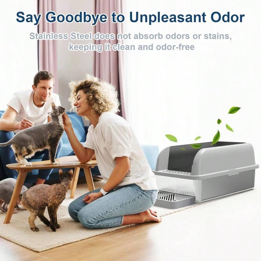 Enclosed Stainless Steel Cat Litter Tray For Big Cats, XL Size, High