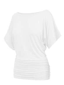 OUTBALL Women's Solid Short Sleeve Boat Neck Dolman Top With Side Shirring Casual Loose Fit T-Shirt - 白色 - 查看 1