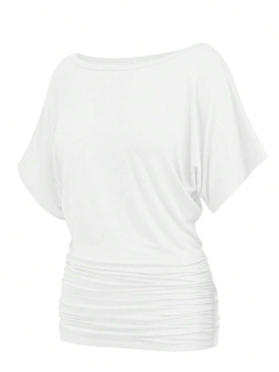OUTBALL Women's Solid Short Sleeve Boat Neck Dolman Top With Side Shirring Casual Loose Fit T-Shirt - 白色 - 查看 1