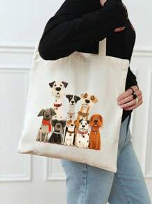 1 件可爱狗狗印花可重复使用购物袋，适合旅行和日常使用，小狗印花单肩手提包，轻便可折叠购物袋，时尚休闲大容量手提包，单肩包 - 彩色 - 查看 3