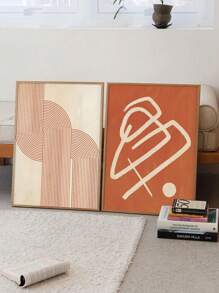 2 件/套抽象波西米亚风帆布墙艺术套装，带焦橙色无框海报印刷品，适用于厨房、客厅、卧室装饰，是理想的现代教育艺术品和感恩节礼物 - 彩色 - 查看 1