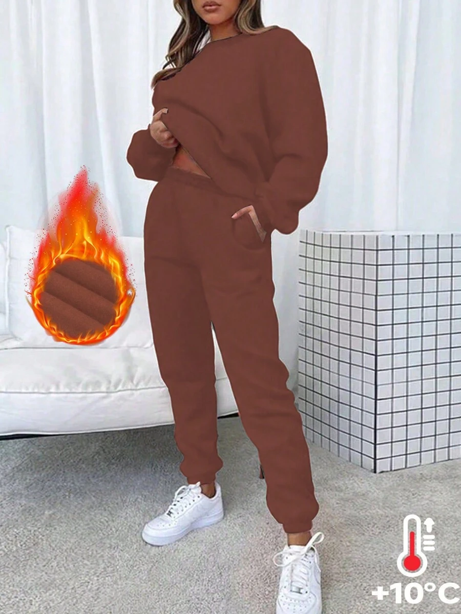 女式两件套休闲运动套装，纯色羊毛套头衫，带插袋和抽绳裤 - 咖啡棕 - 查看 1