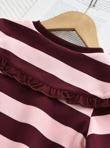 2pcs/Set Young Girl Casual Simple Lapel Striped Long Sleeve Top And Solid Flared Pants Suit, Spring/Autumn