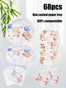 68 Piece Set,Made Of Materials, Including Disposable Paper Plates, Pink Blue Goodnight Bear Themed Paper Plates, 7-Inch Paper Plates, 9-Inch Cardboard, Disposable Party Plates, Materials, Paper Plates, Party Accessories, Party Decorations, Dessert Plates, Used For Parties, Gatherings, Barbecues, Picnics, Camping, Mother Gifts, Birthday Themed Parties And Cutlery Sets, Plates, Tissues, Paper Cups, Home Decor, Holiday Supplies, Children's Gifts, Disposable Paper Plates