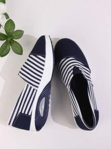 Giày thể thao sọc tương phản cho nữ, giày đế dày đế mềm đi bộ thường ngày, giày đế xuồng đế thấp thoải mái - Màu xanh bụi bặm - Xem 4