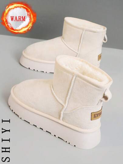 2024 Winter Women's White Casual Sneakers, Thermal Lined Warm Outdoor Thick Sole Fashion Versatile Vacation Style Student Outdoor Hiking Skateboard Flat Chunky Sneakers Snow Boots