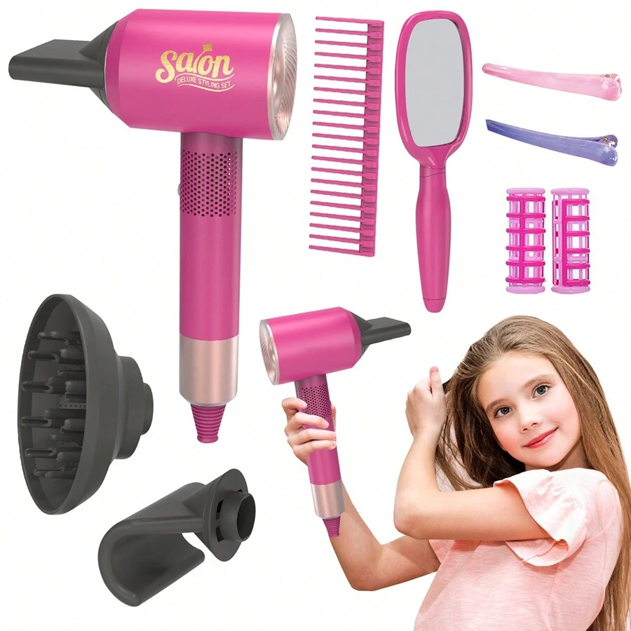 10pcs Kids Hair Drier Set, Hair Salon Pretend Play Toys, Beauty Salon Playset For Girls, Kids Dress Up Beauty Hair Stylist Kit, Pretend Hair Styling Set With 3 Types Of Nozzle, Suitable For Children Aged 3+