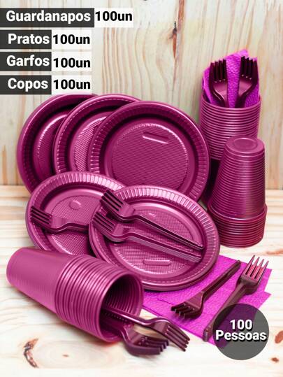400pçs Kit Descartáveis Festa Luxo Completa com Guardanapo 100 Pessoas Cores Vivas e Padronizadas