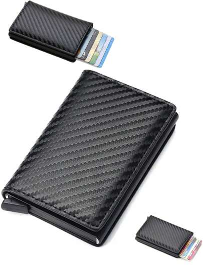 1 bucată bărbătesc și femeie din fibră de carbon geantă pop-up automată pentru carduri PU cutie pentru carduri Portofel RFID antifurt și anti-scanare Aluminiu metal aluminiu cutie Clip potrivită pentru utilizare zilnică Sloturi pentru mai multe carduri de capacitate mare, stil business casual, cadou de aniversare, cadou de absolvire, cadou de Ziua Tatălui