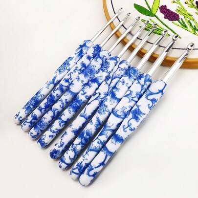 8pcs/Set Chinese Style Blue And White Porcelain Aluminum Crochet Hooks For DIY Handmade Knitting Sweater, Scarf